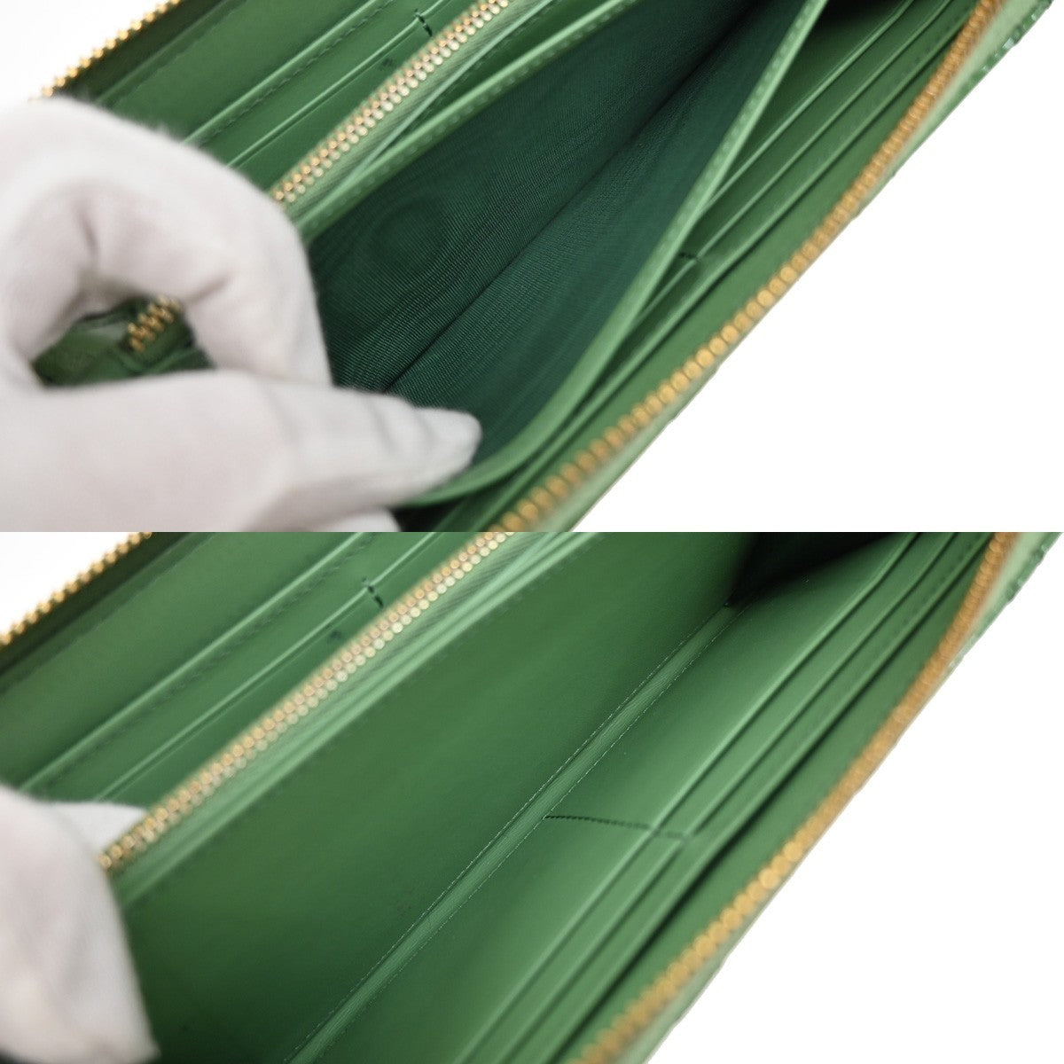 CHRISTIAN DIOR Logo Cannage Zip Around Long Wallet Patent Leather Green 36EG143