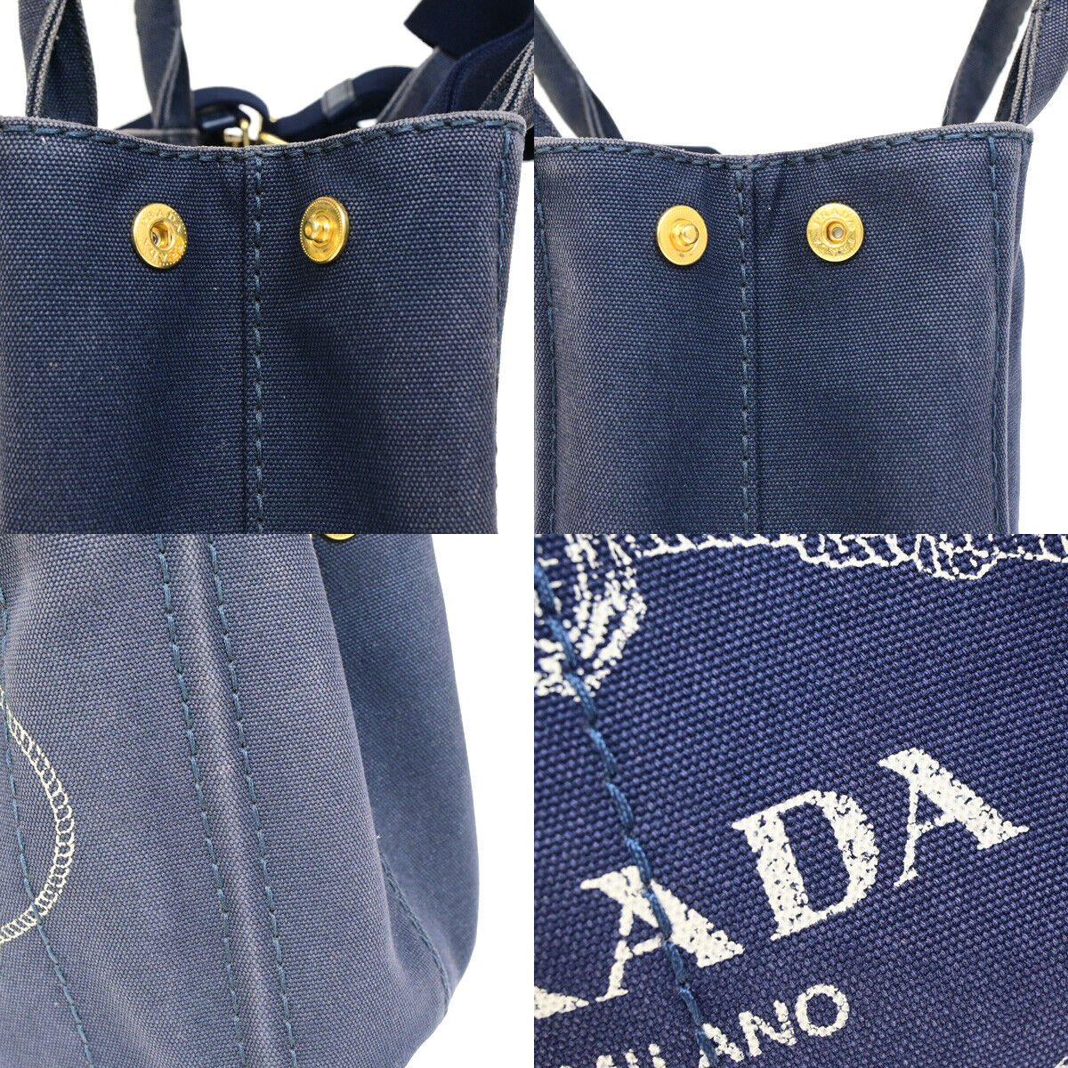 PRADA Logo CANAPA 2Way Shoulder Hand Bag Canvas Leather Navy Blue GHW 86SJ071