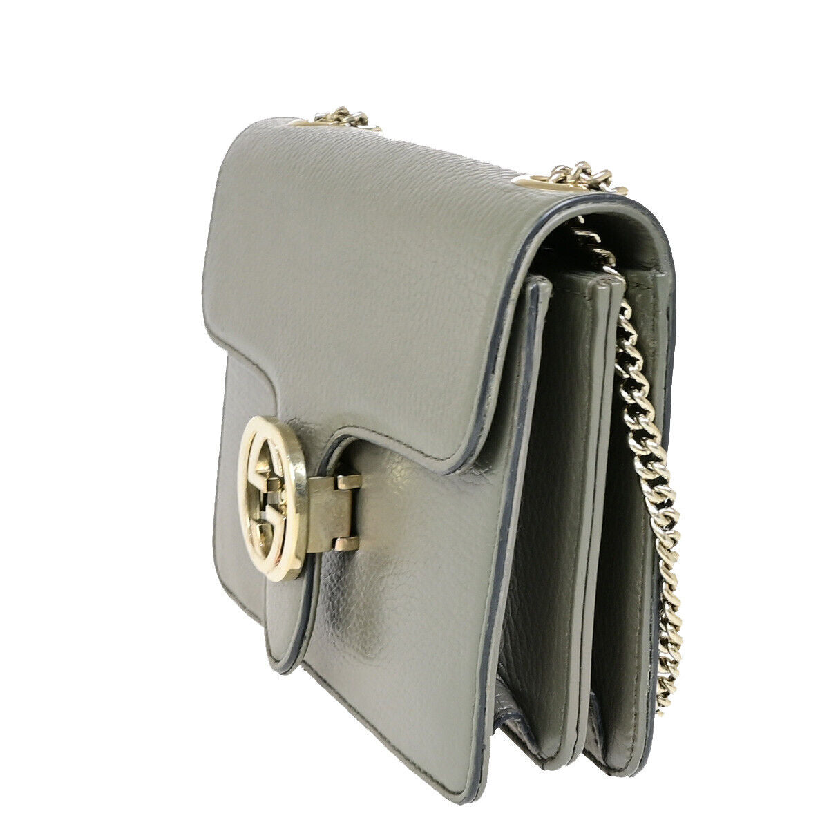 GUCCI Logo Interlocking G Chain Shoulder Bag Leather Gray GHW Italy 52YF630