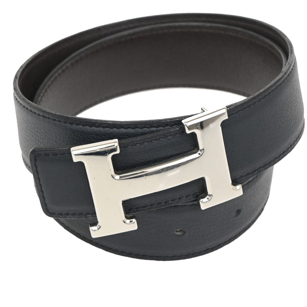 HERMES H Logo Constance Reversible Buckle Belt Leather #68 Black BN SHW 70RL805