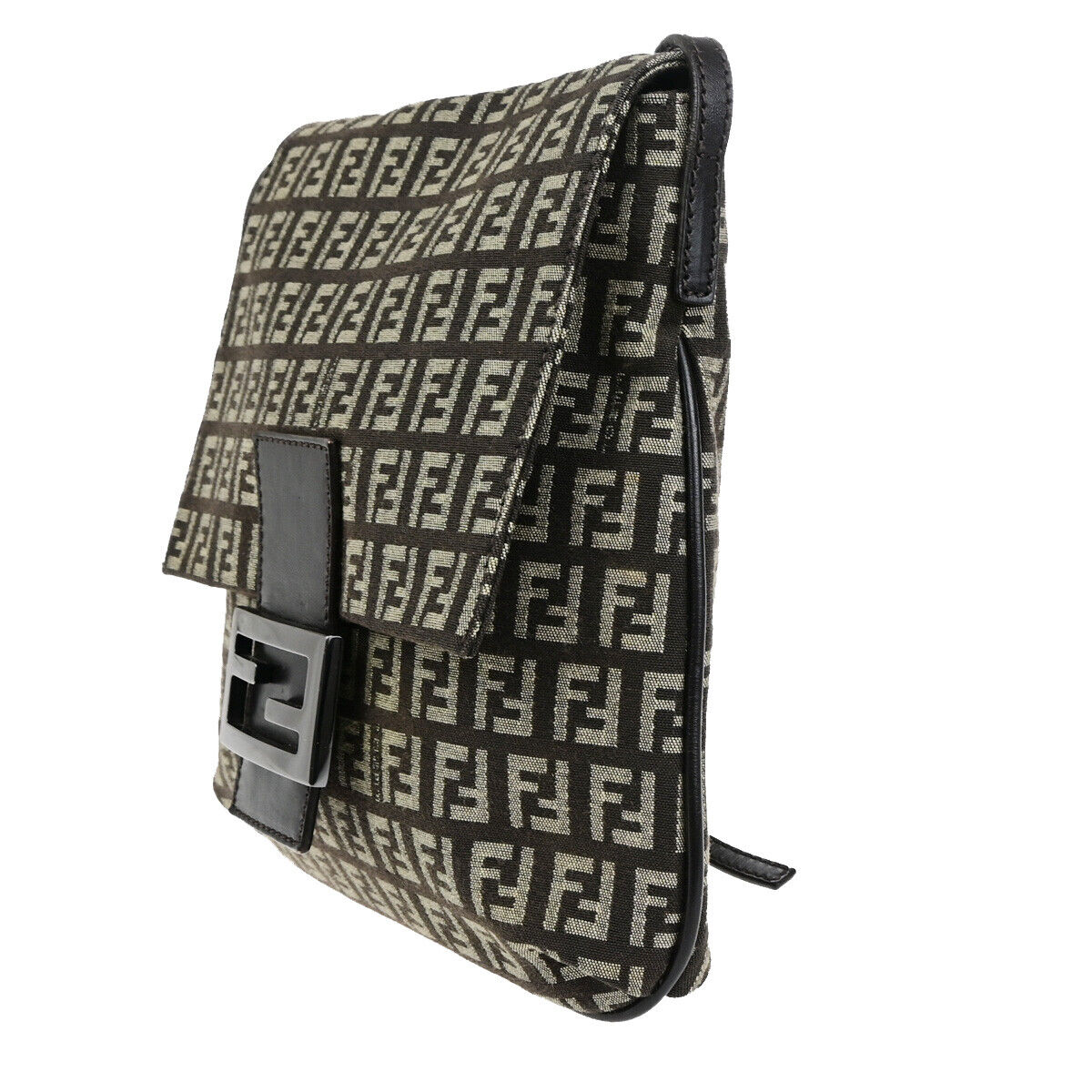 FENDI Logo Zucchino Shoulder Bag Canvas Leather Brown SHW Italy 70SJ496