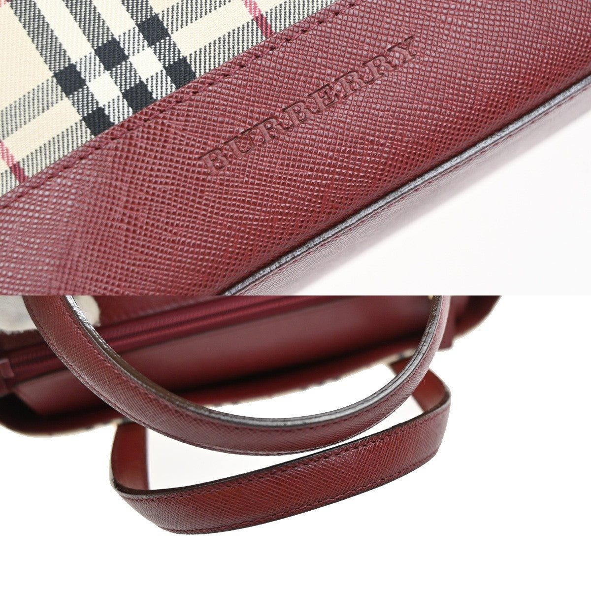 BURBERRY Logo Nova Check Hand Bag Canvas Leather Beige Red GHW 39RQ059