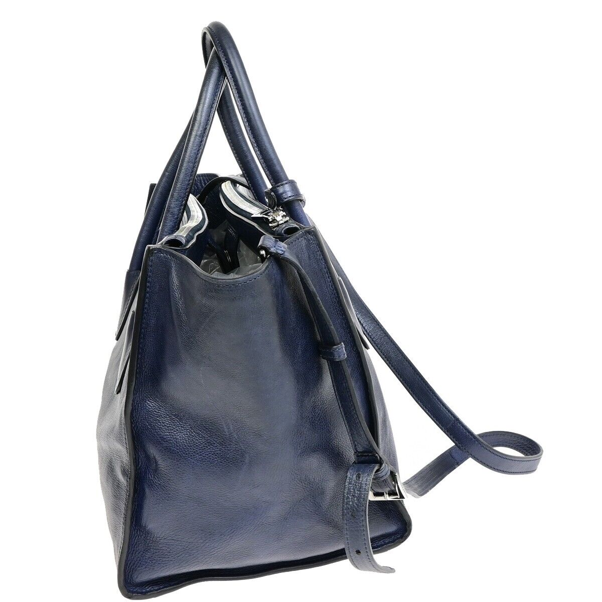 PRADA MILNO Logo 2Way Shoulder Hand Bag Leather Navy Blue Silver-Plated 10ED918
