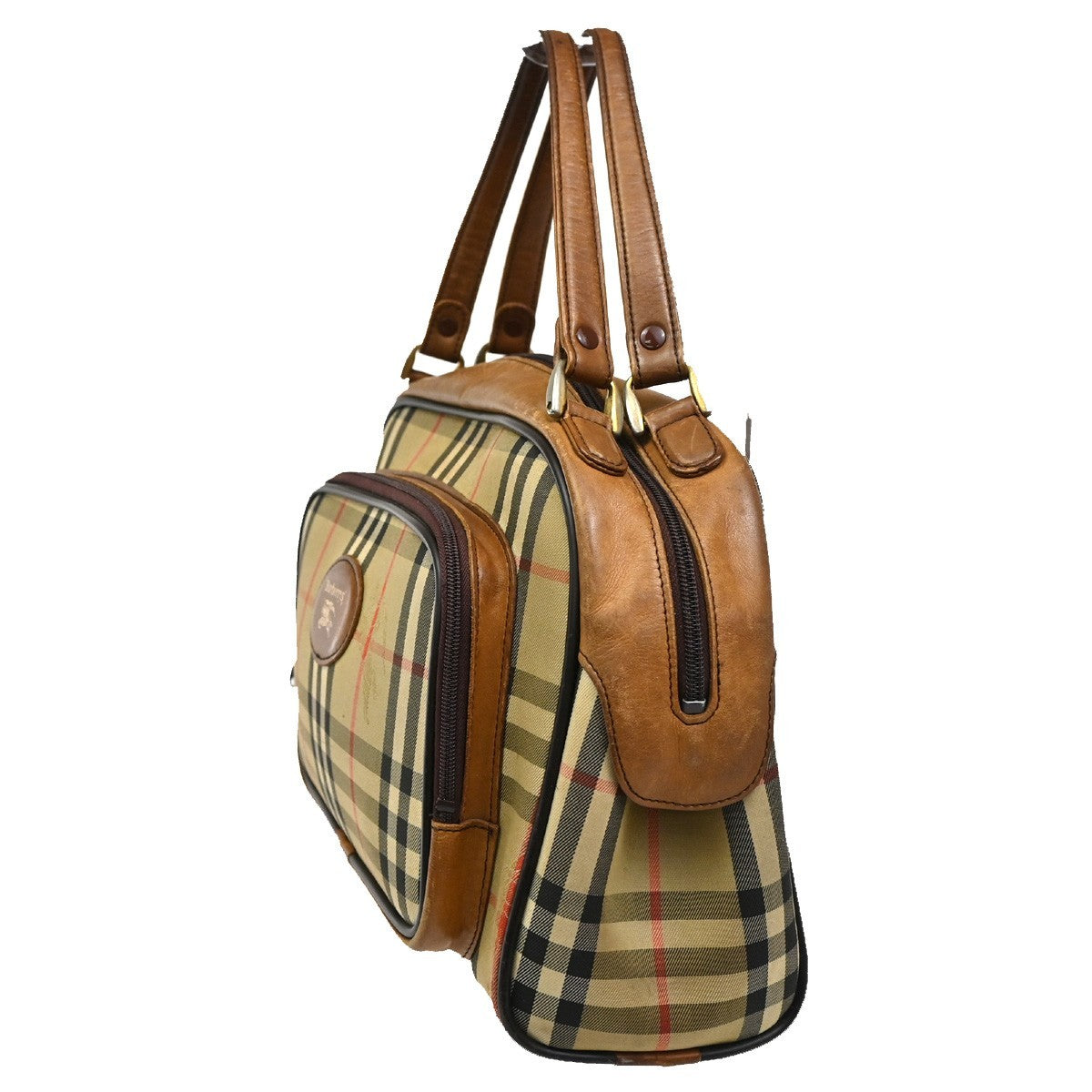 BURBERRYS Logo Nova Check Hand Bag Canvas Leather Beige Brown GHW 08CA549