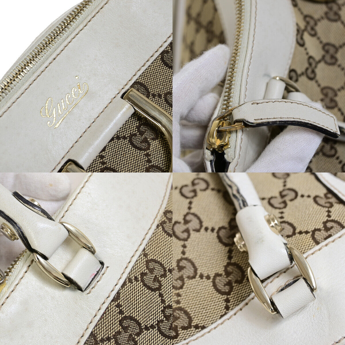 GUCCI Logo Abbey GG Pattern Shoulder Bag Canvas Leather Brown White GHW 66YG263