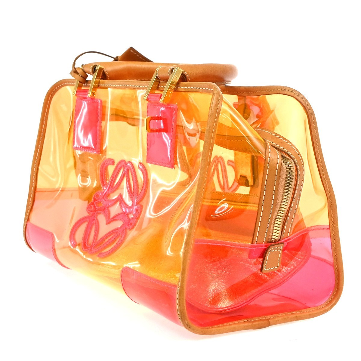 LOEWE Anagram Logo Amazona 28 Hand Bag Pouch Vinyl Leather Orange PK GHW 12RL927