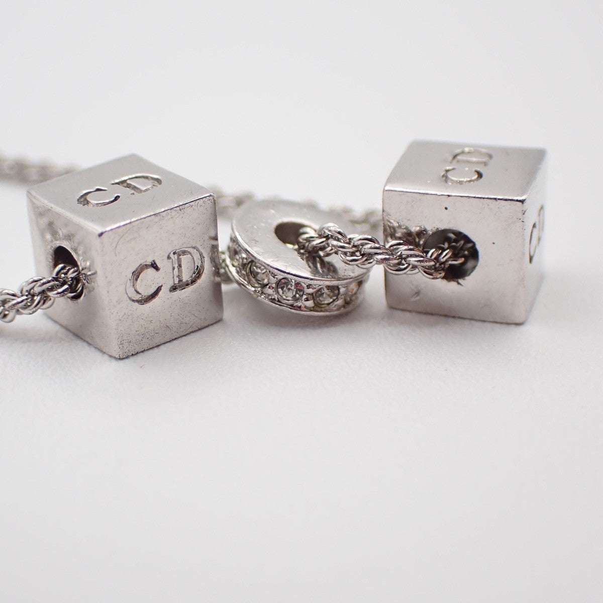 CHRISTIAN DIOR D Logo Dice Charm Necklace Rhinestone Silver Accessory 02KB500