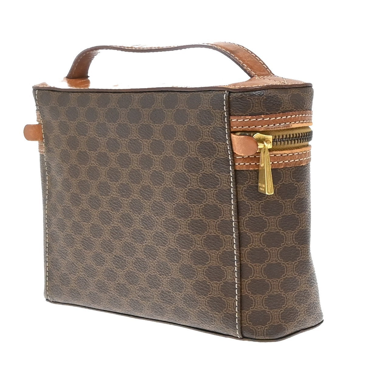 CELINE Logo Macadam Pattern Vanity Hand Bag PVC Leather Brown GHW Italy 63KP120