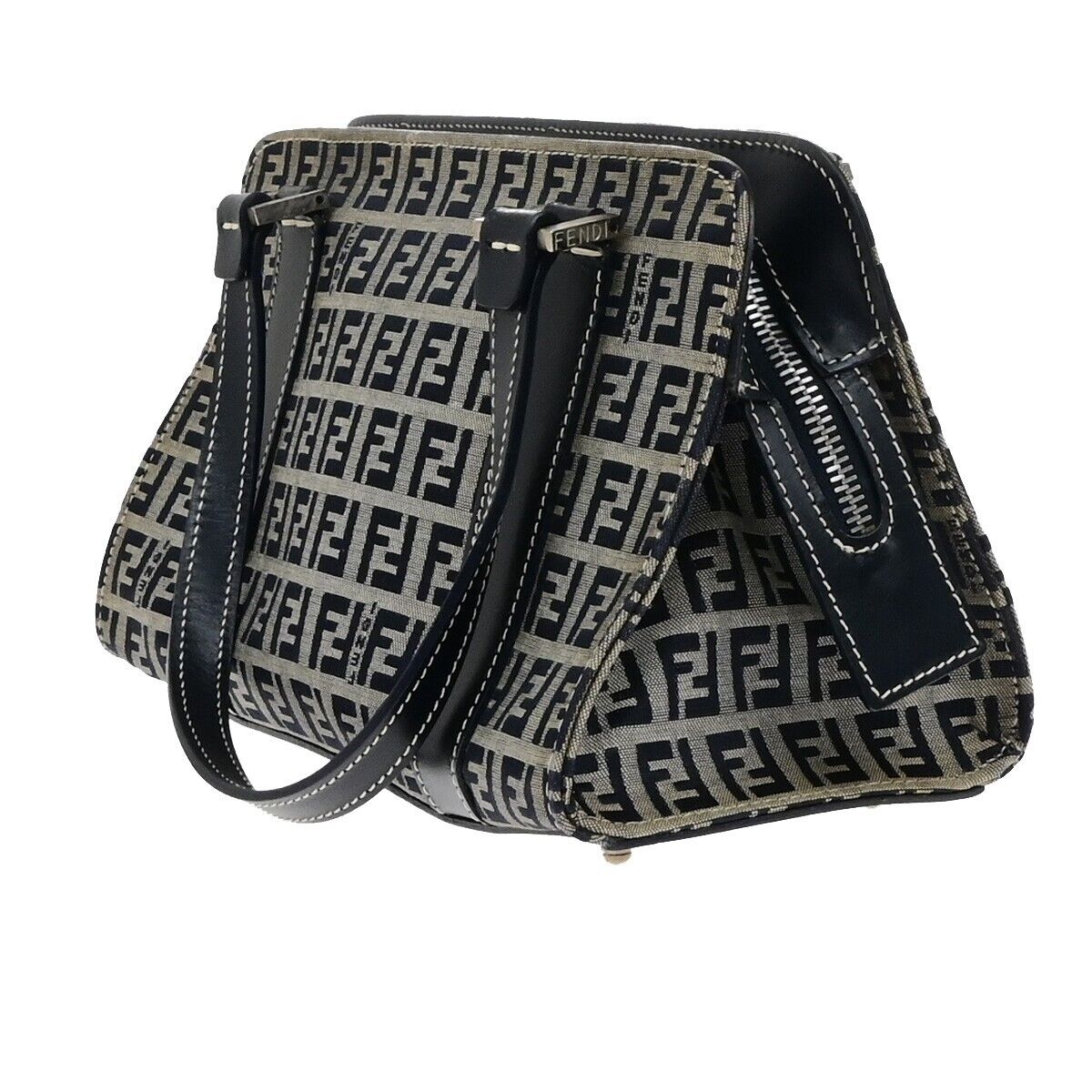 FENDI Logo Zucca Pattern Shoulder Bag Canvas Leather Navy Blue Italy 83KA549