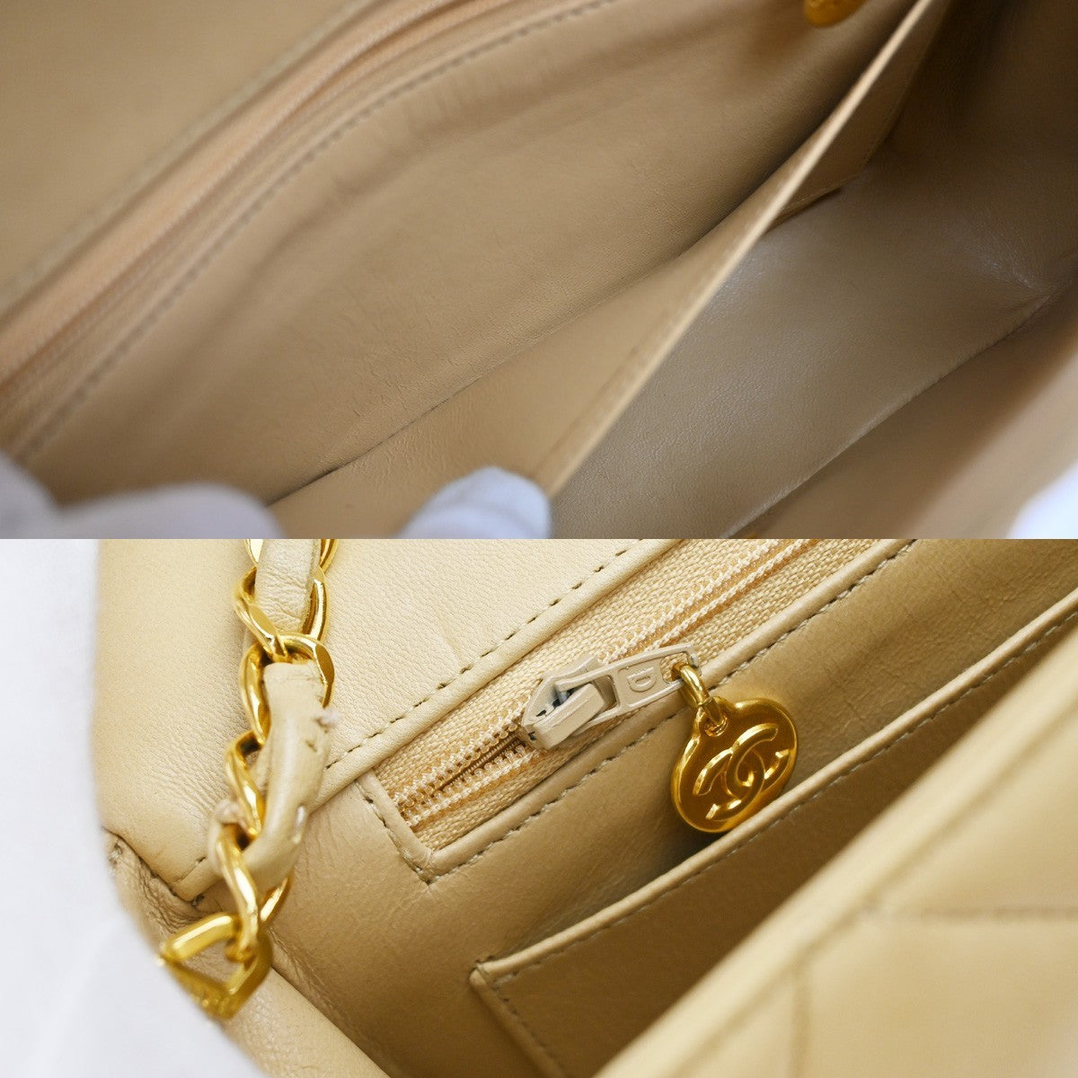 CHANEL CC Diana Matelasse 22 Chain Shoulder Bag Leather Beige Vintage 850RP130