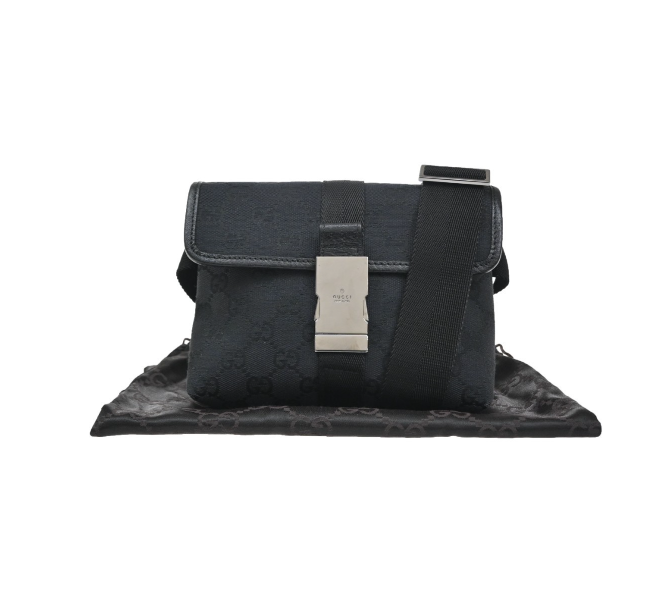 GUCCI Logo GG Pattern Mini Bum Bag Canvas Leather Black SHW Italy 85MA664