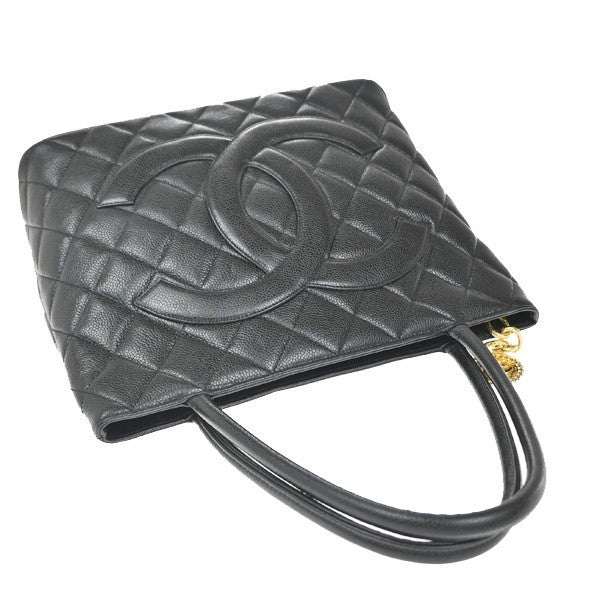CHANEL Medallion Matelasse Shoulder Bag Grained Calfskin Leather Black 338RP060