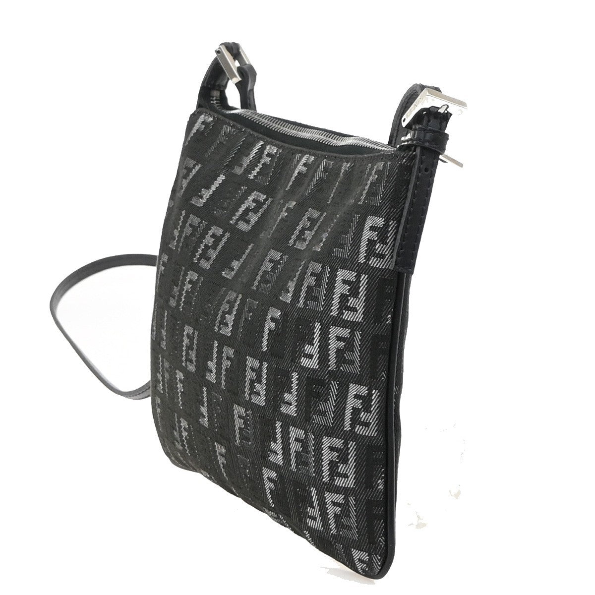 FENDI Logo Zucchino Mini Shoulder Bag Canvas Leather Black SHW Italy 79YH962