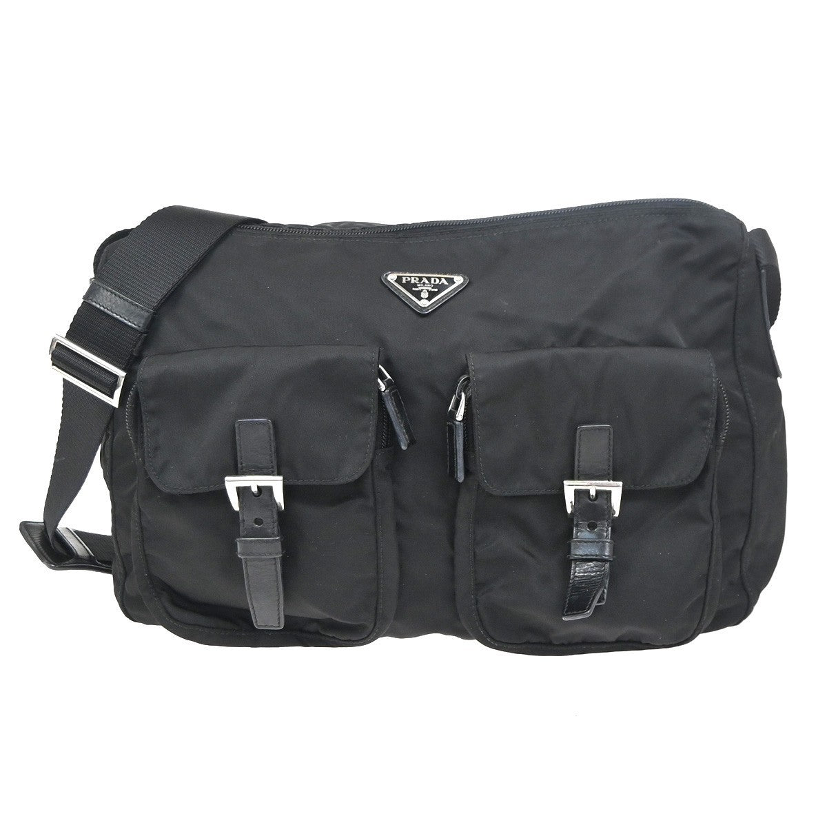 PRADA MILANO Tessuto Plate Messenger Bag Nylon Leather Black SHW Italy 02ZA370