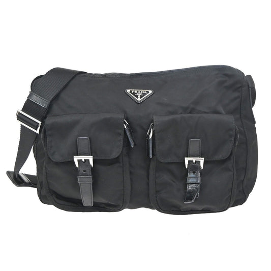 PRADA MILANO Tessuto Plate Messenger Bag Nylon Leather Black SHW Italy 02ZA370