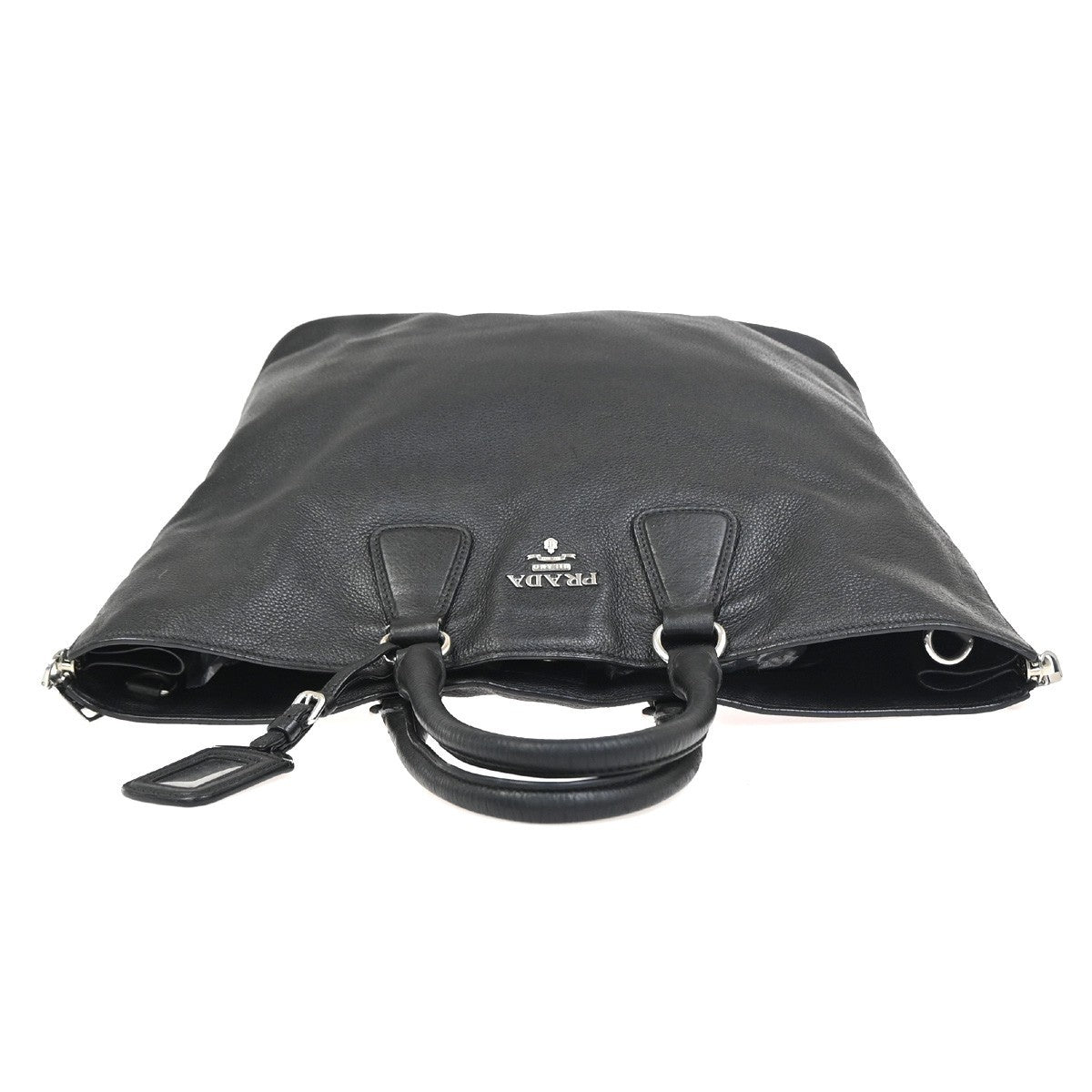 PRADA Logo Shoulder Hand Tote Bag Vitello Daino Leather Black SHW 87KC950