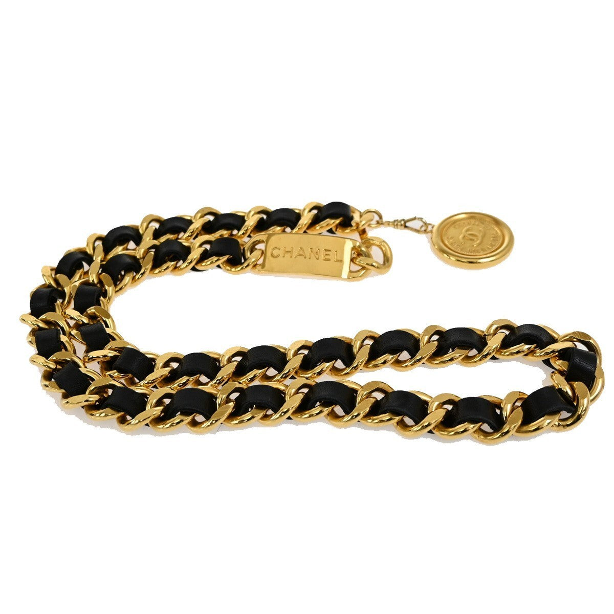 CHANEL CC Plate Medallion Charm Chain Belt Leather Black GHW Accessory 24RL137