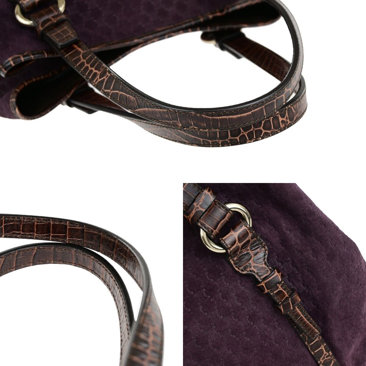 CELINE Logo Macadam Shoulder Tote Bag Suede Embossed Leather Purple SHW 34EC964