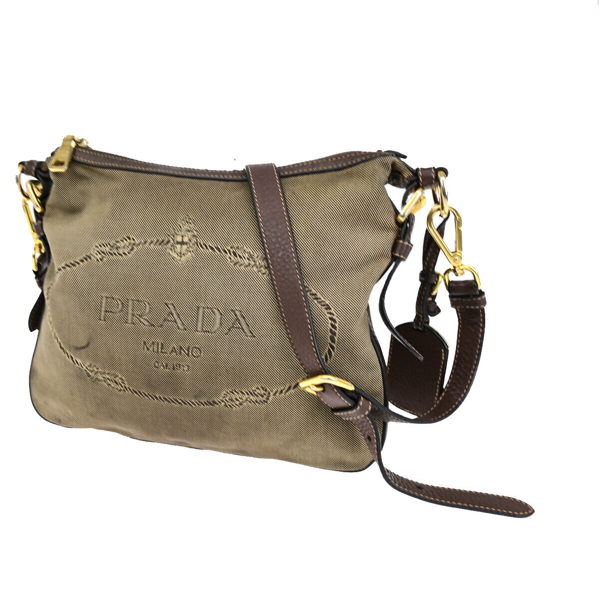PRADA Logo Crossbody Shoulder Bag Jacquard Leather Brown GHW 60YF090