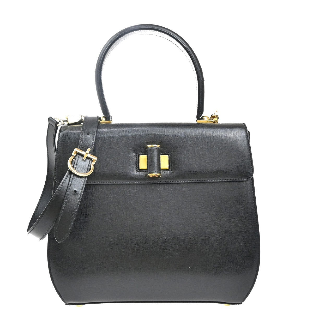 SALVATORE FERRAGAMO Gancini 2Way Shoulder Hand Bag Leather Black GHW 68KP367