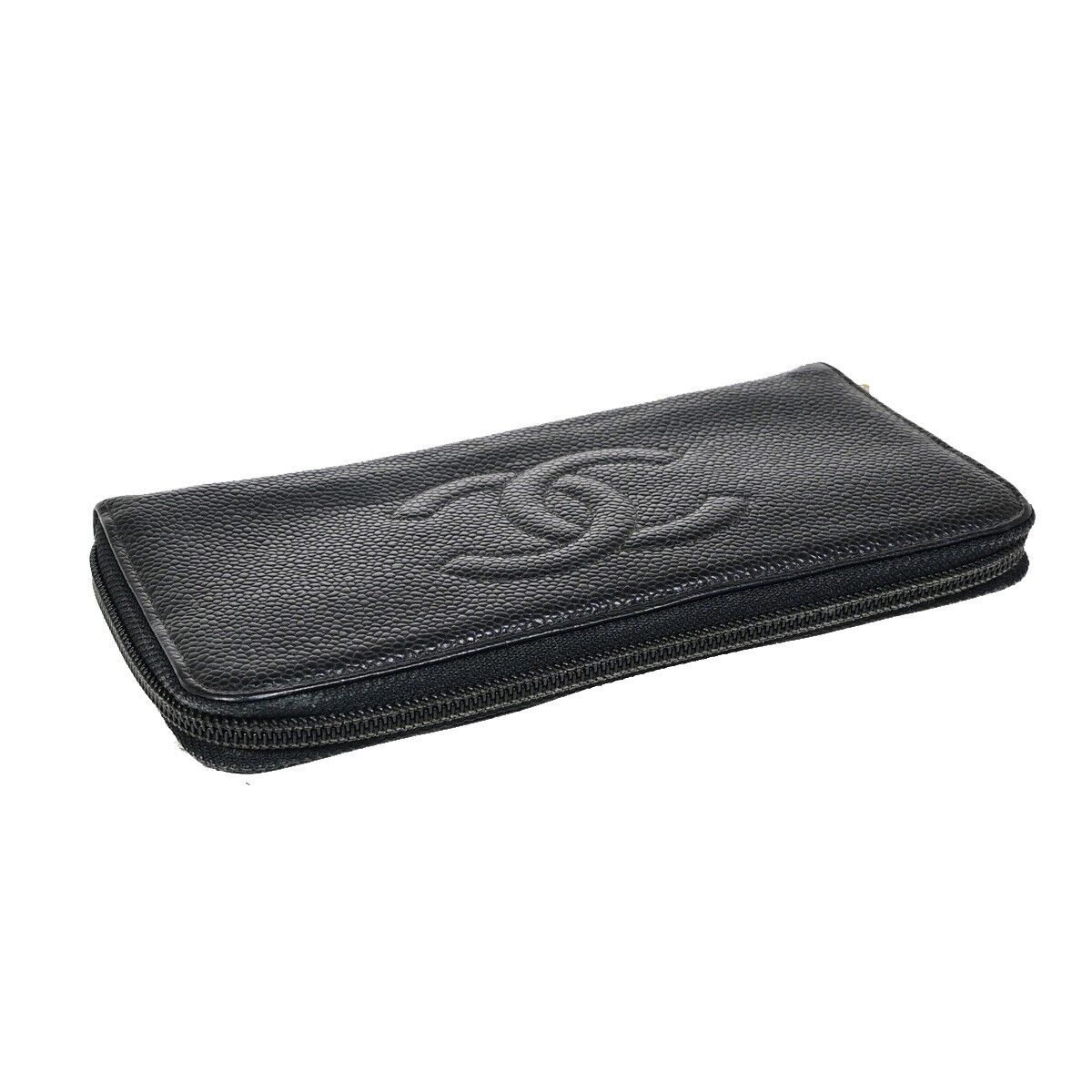 CHANEL CC Long Zip Around  Wallet Purse Caviar Skin Leather Black GHW 04FA616
