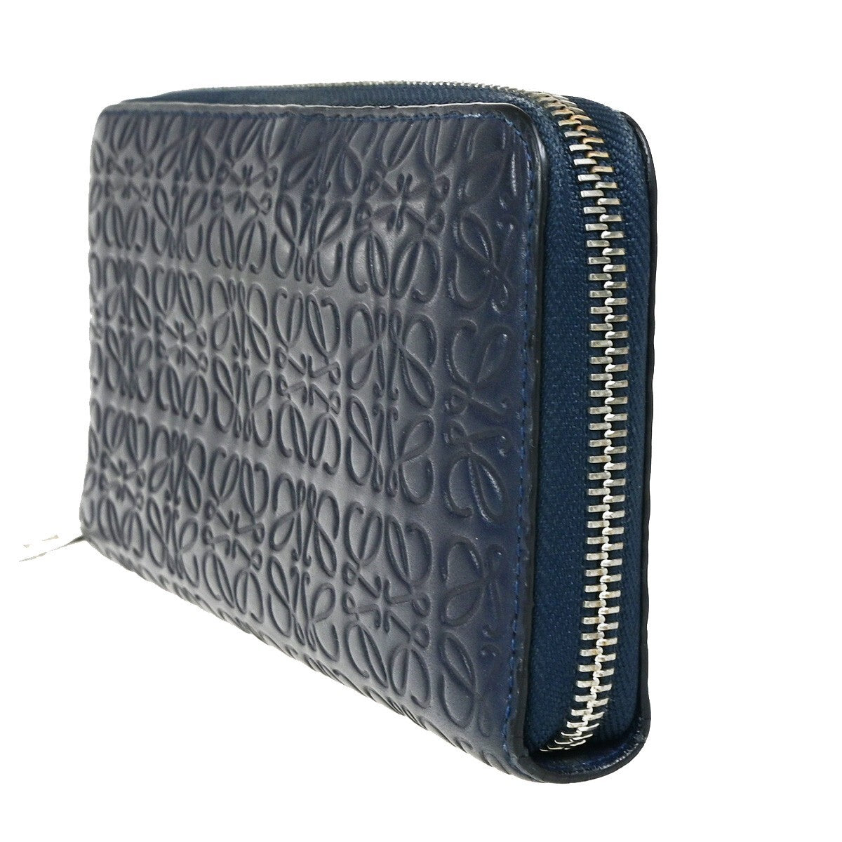LOEWE Logo Anagram Repeat Long Zipper Wallet Embossing Leather Navy Blue 67KB395