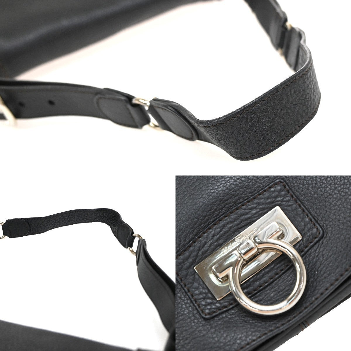 SALVATORE FERRAGAMO Gancini Shoulder Bag Leather Black SHW Italy 34RF978