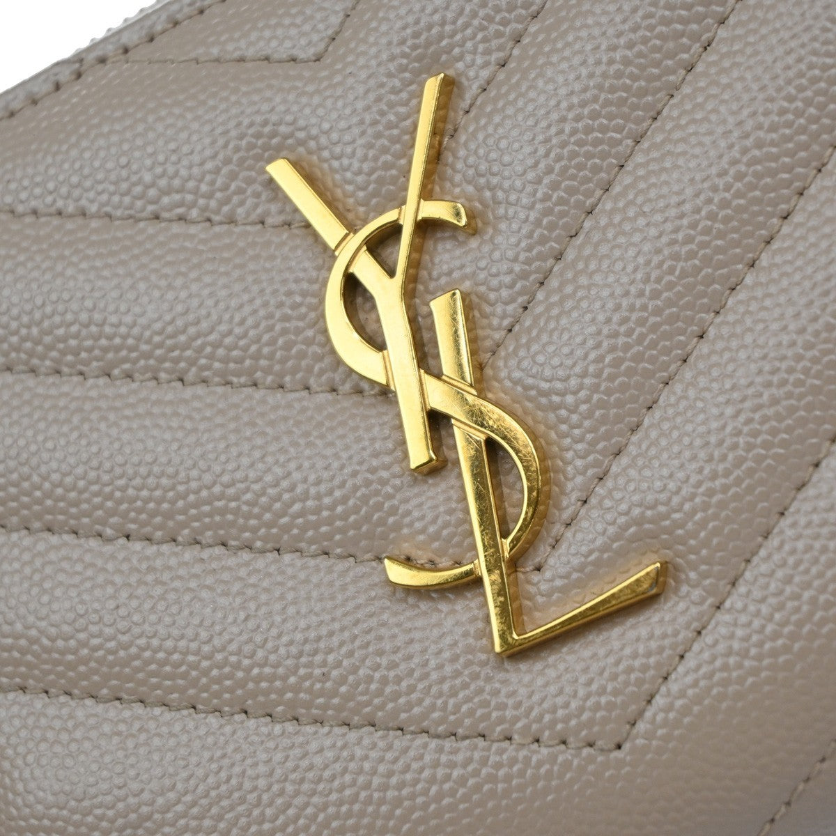 SAINT LAURENT YSL Logo Compact Bifold Wallet Leather Beige GHW Italy 38KB109