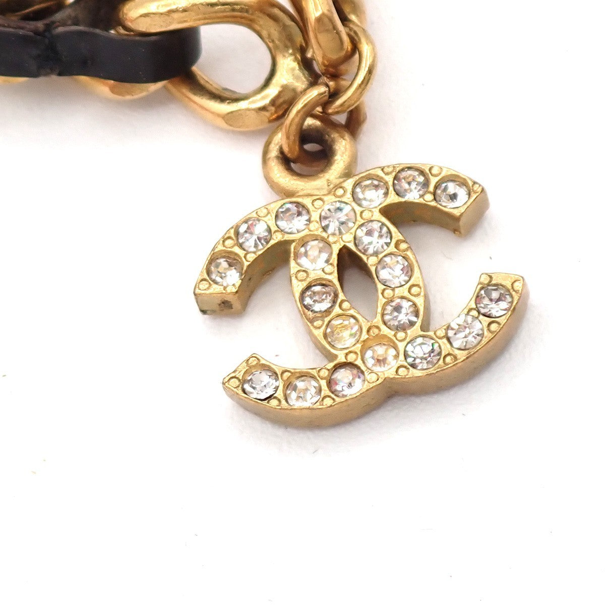 CHANEL CC Rhinestone Chain Bracelet Anklet Leather 95P GHW Black Vintage 12RL959
