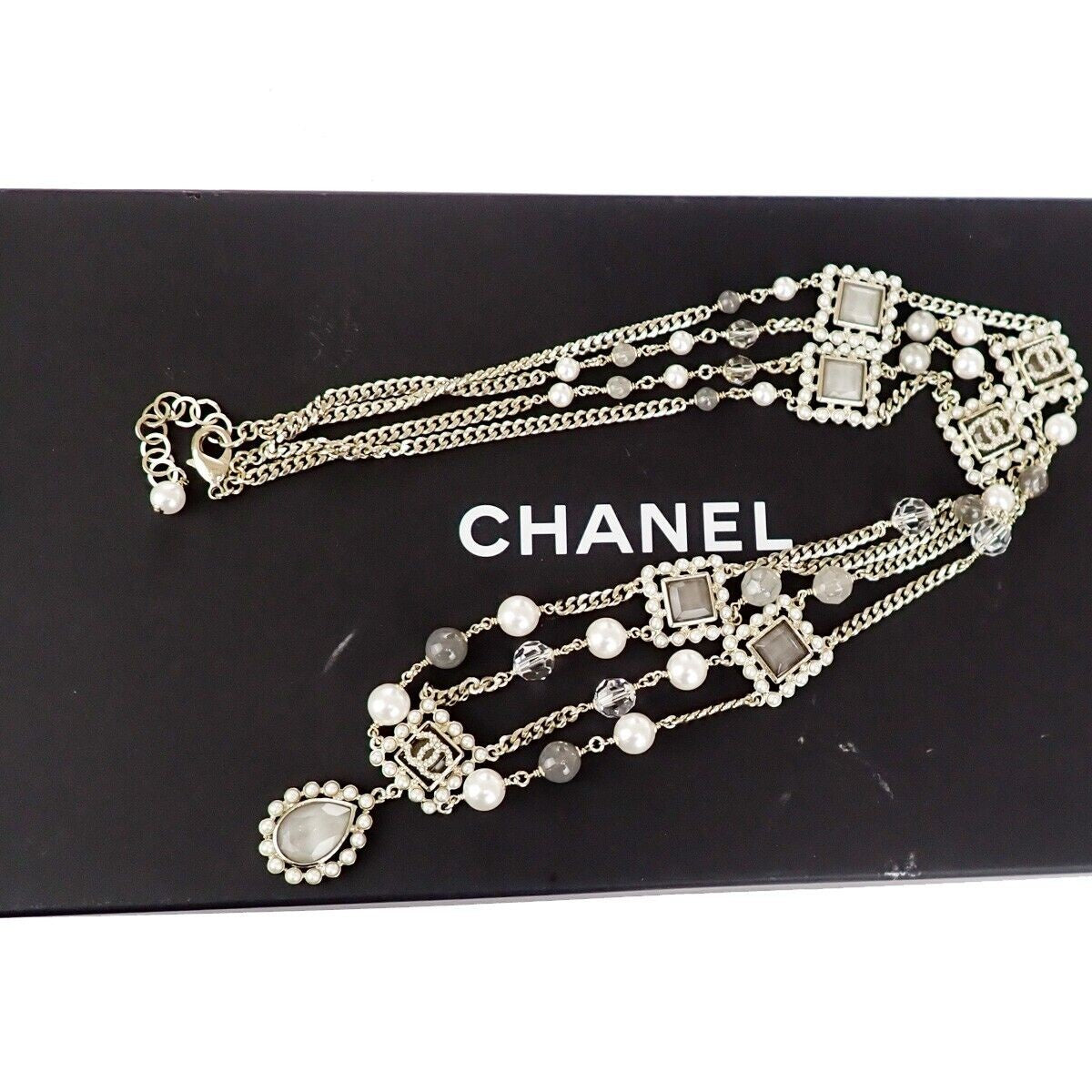 CHANEL CC Imitation Pearl Chain Long Necklace Color Stone G21V Gold 685LC023