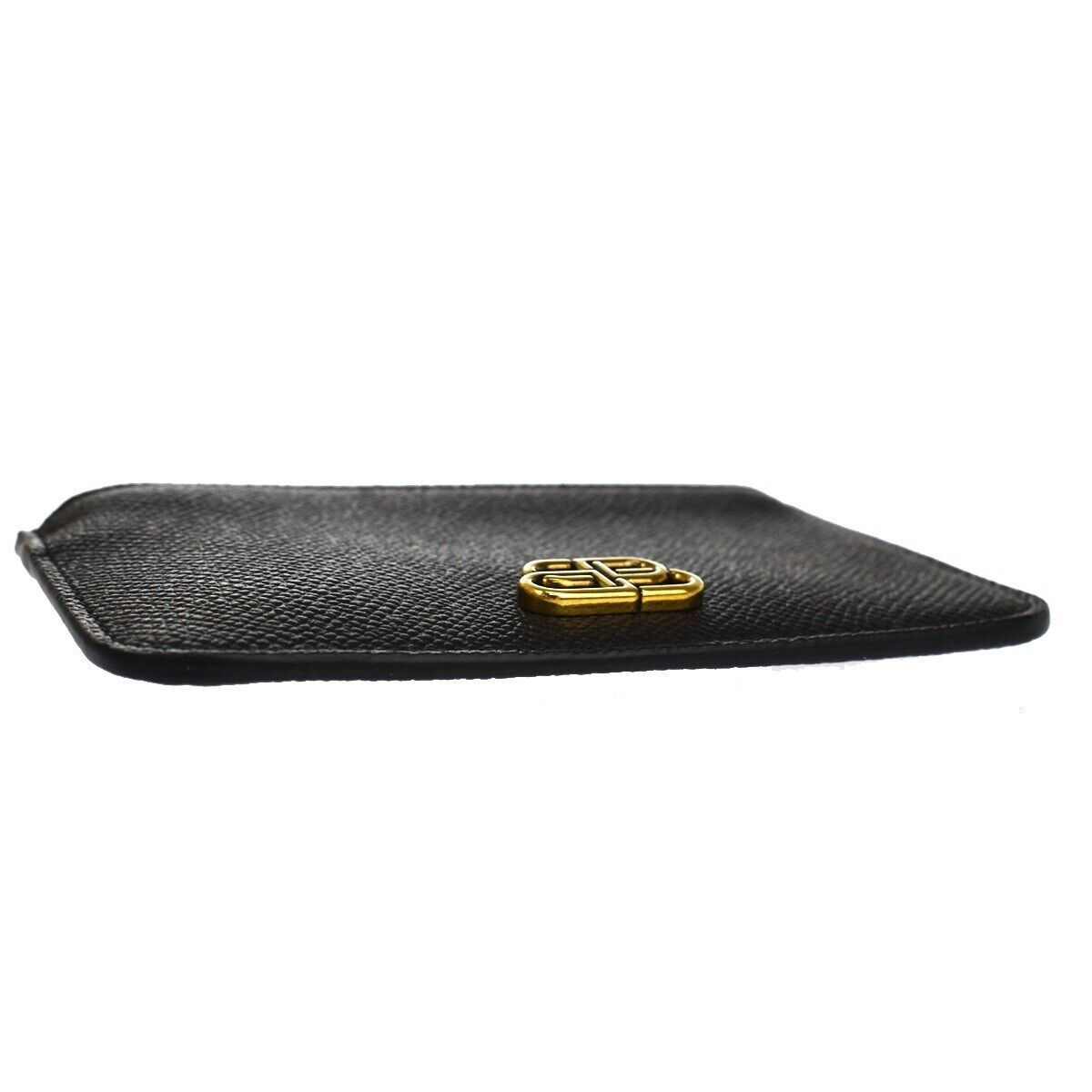BALENCIAGA BB Logo Coin Wallet Purse Key Ring Leather Black Gold Italy 65RH003