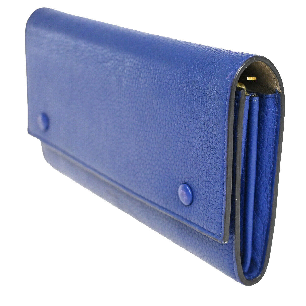 CELINE Logo Large Flap Long Bifold Wallet Purse Leather Blue Italy 01YB373