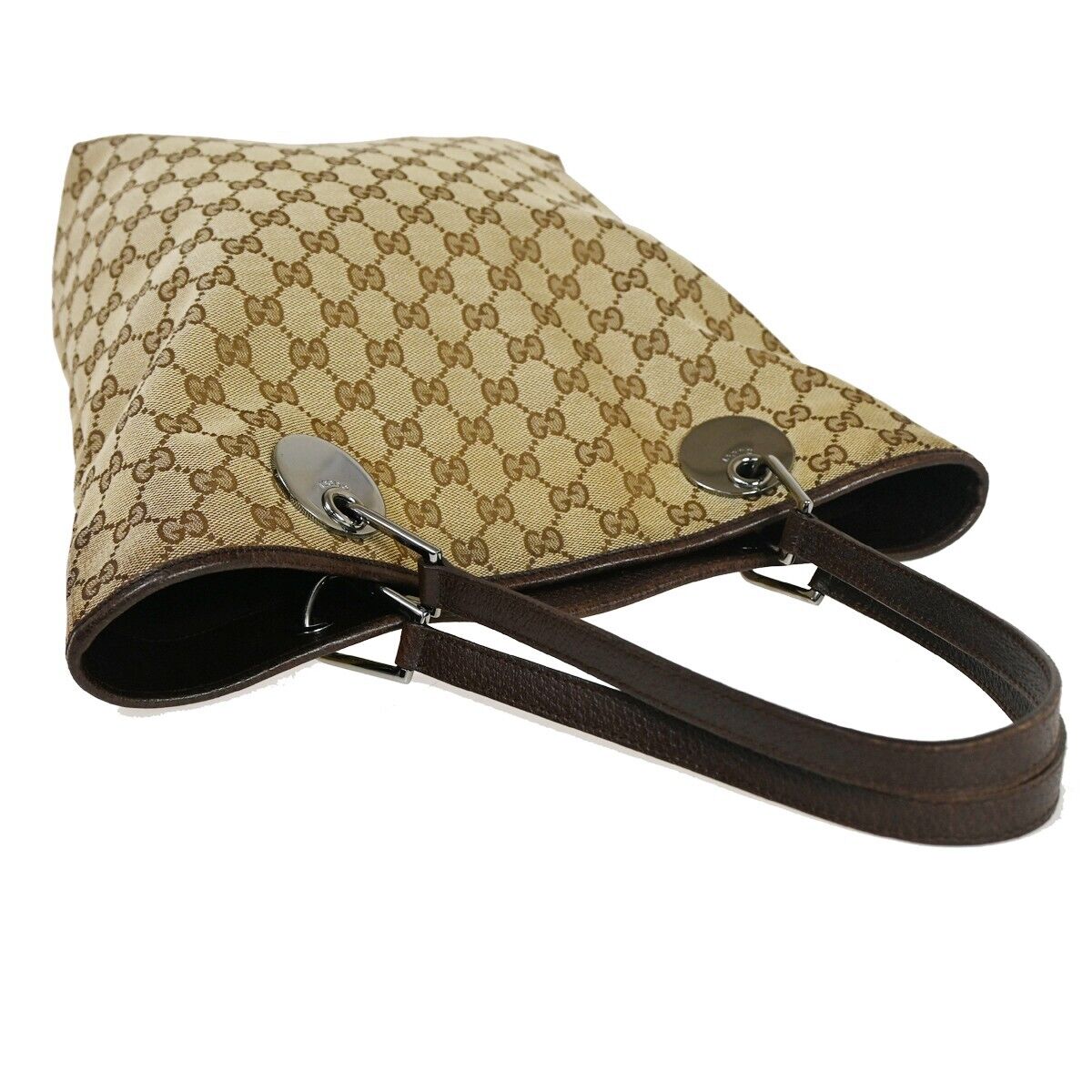GUCCI Logo GG Pattern Shoulder Bag Canvas Leather Brown Silver Italy 61ED285