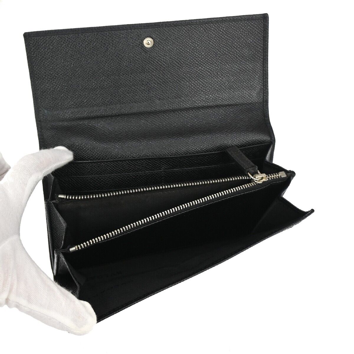 BVLGARI BVLGARI Logo Long Bifold Wallet Purse Leather Black Silver Italy 07ED474