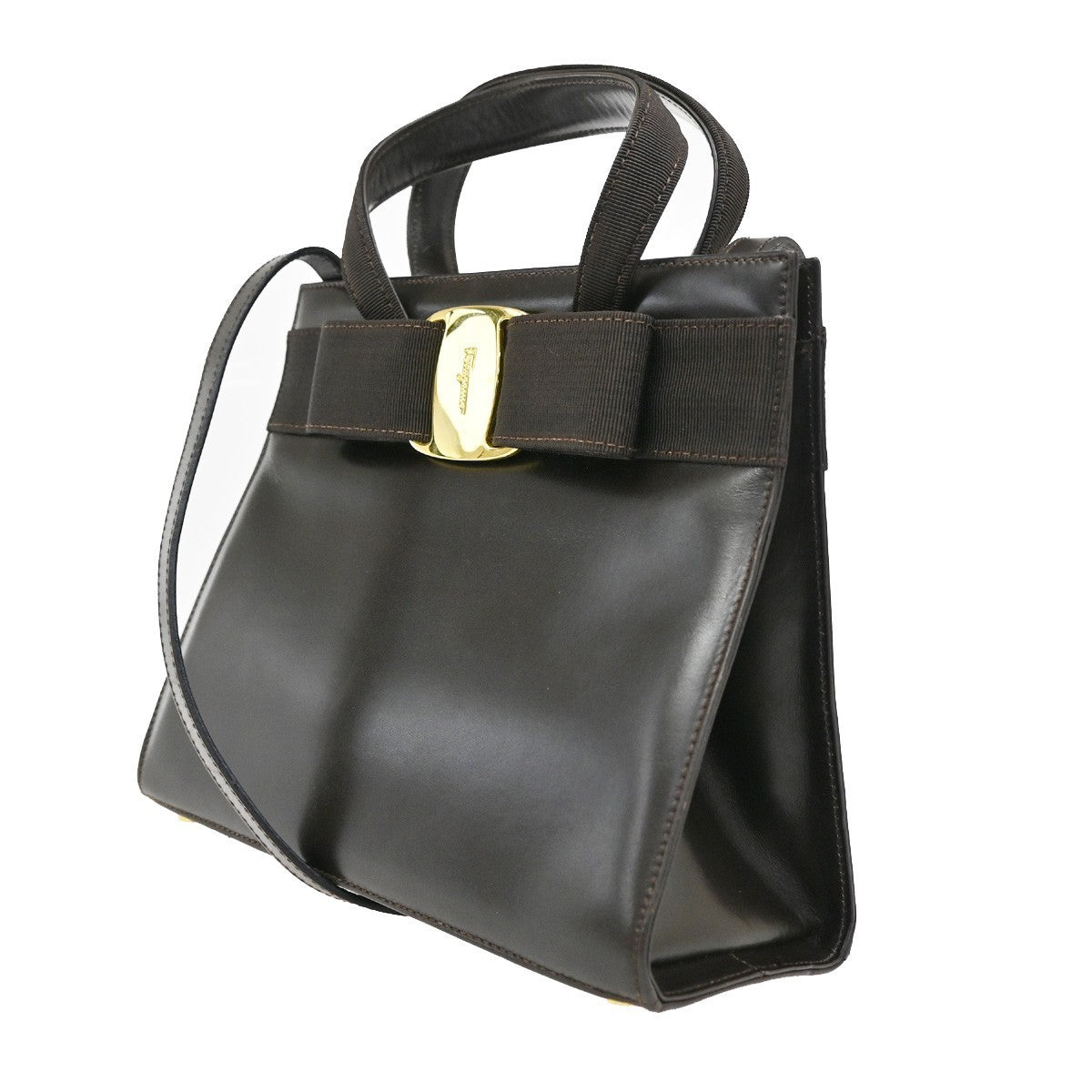 SALVATORE FERRAGAMO Vara 2Way Hand Bag Canvas Leather Brown Gold Italy 64TA067