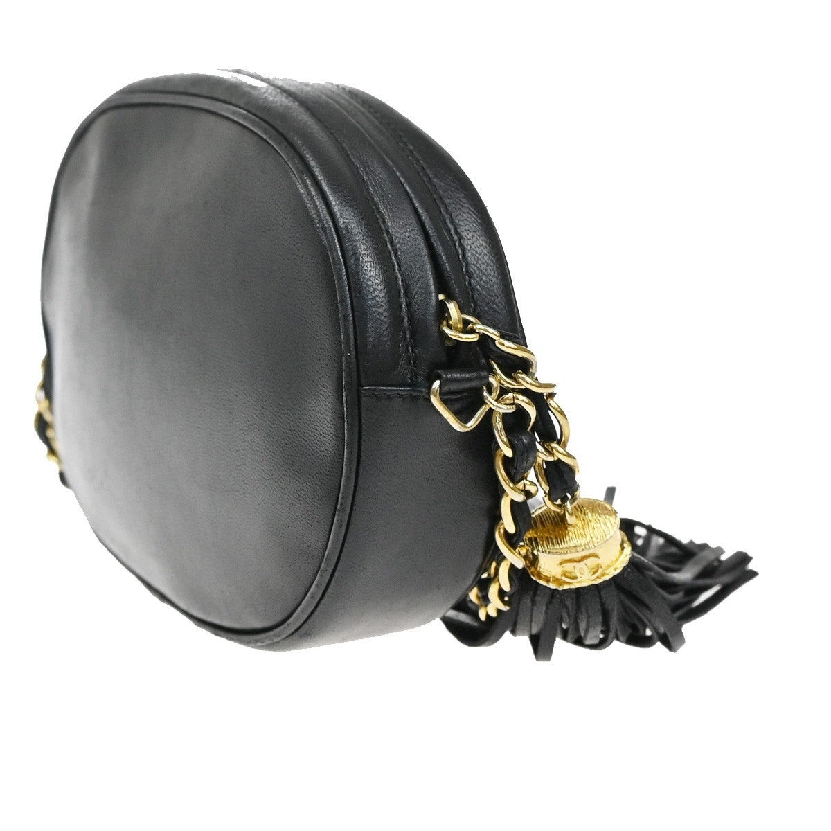 CHANEL CC Logo Tassel Oval Chain Shoulder Bag Leather Black GHW Vintage 395RL384