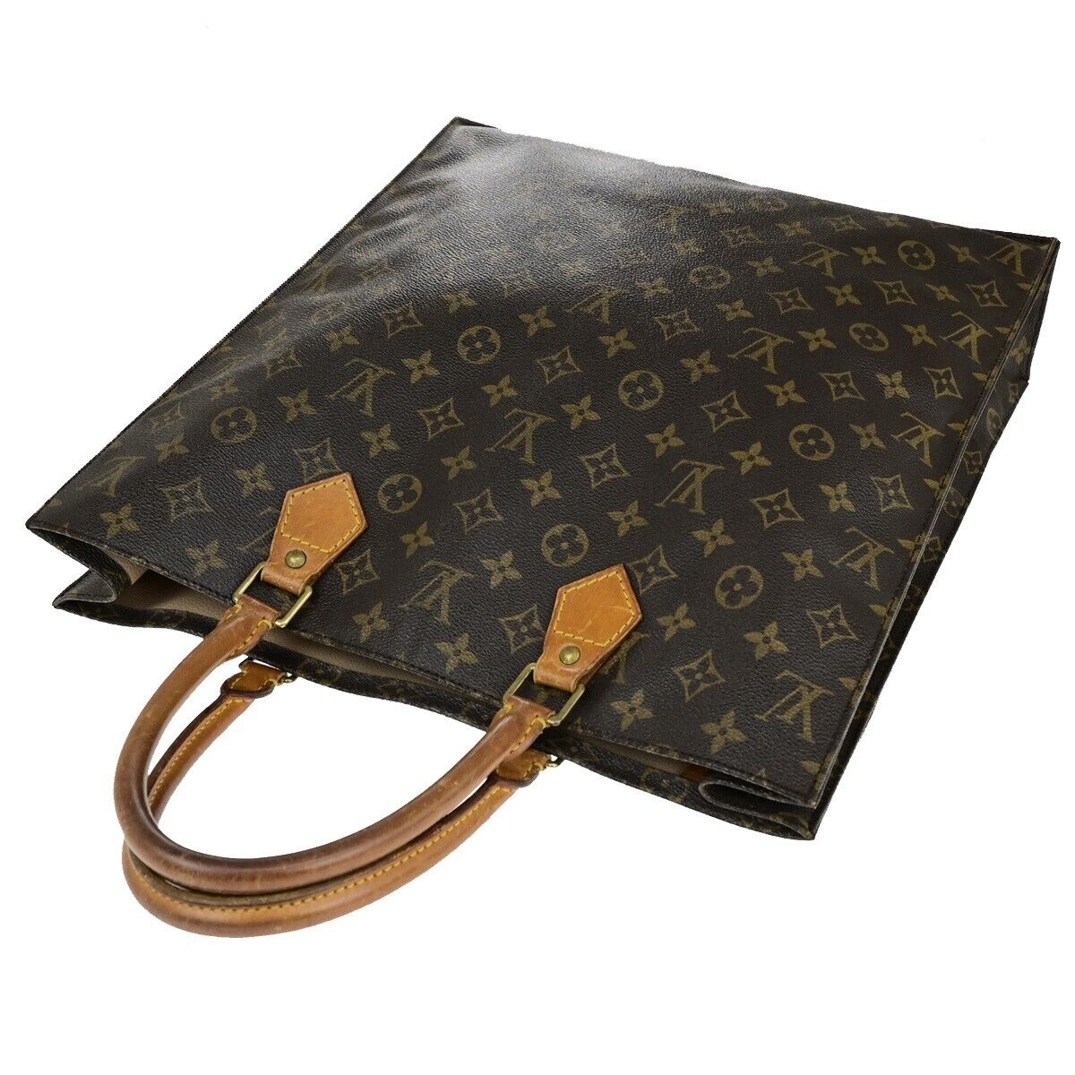 LOUIS VUITTON Logo Sac Plat Hand Tote Bag Monogram Leather Brown M51140 35ED420