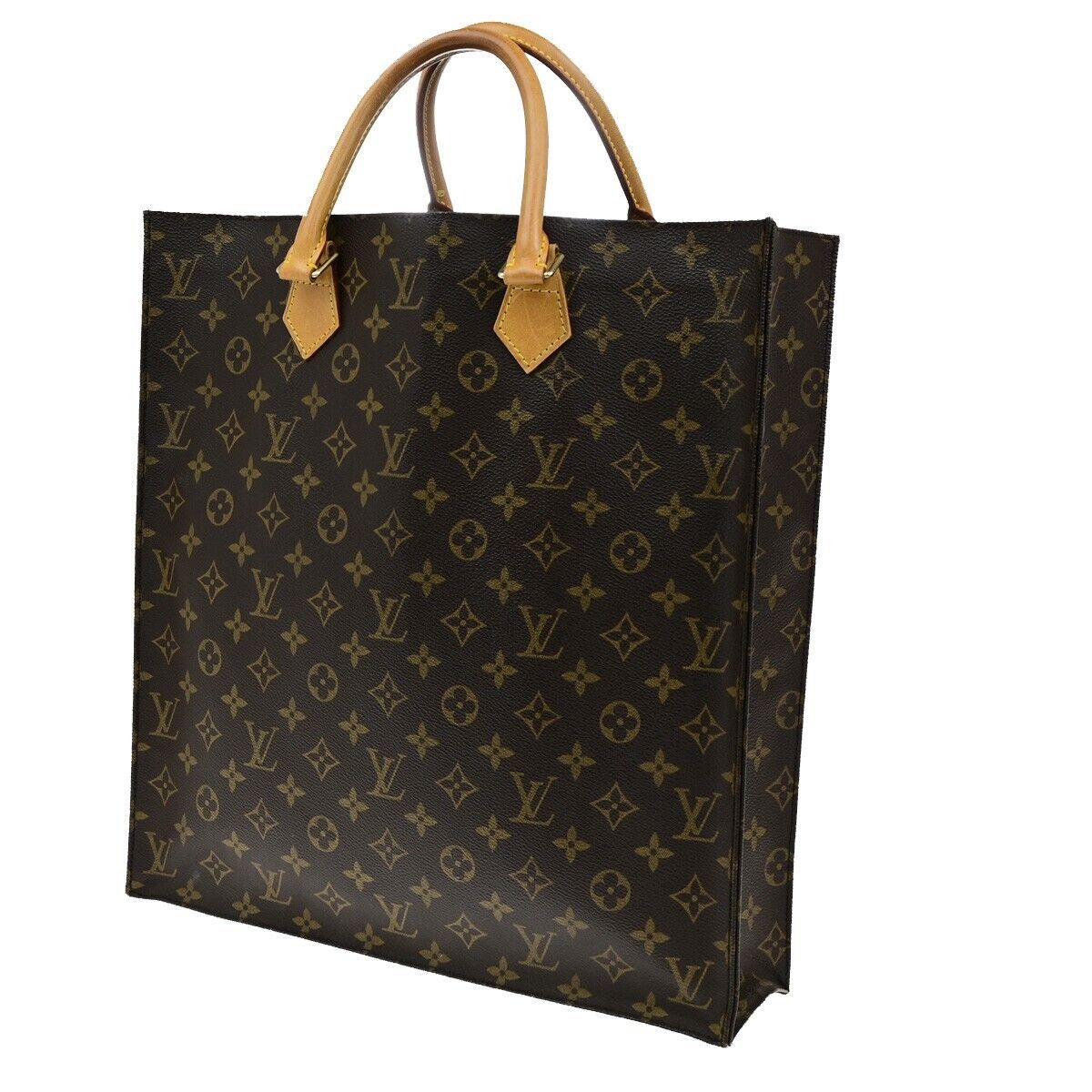 LOUIS VUITTON Logo Sac Plat Hand Tote Bag Monogram Leather Brown M51140 39ED895