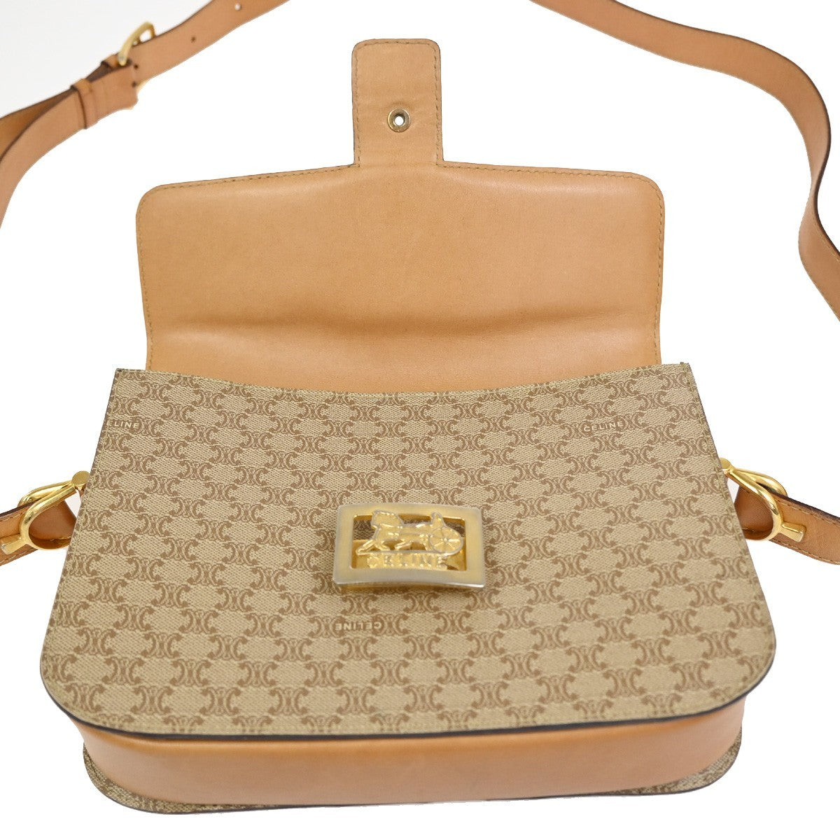 CELINE Logo Horse Carriage Macadam Shoulder Bag PVC Leather Beige GHW 30KC949