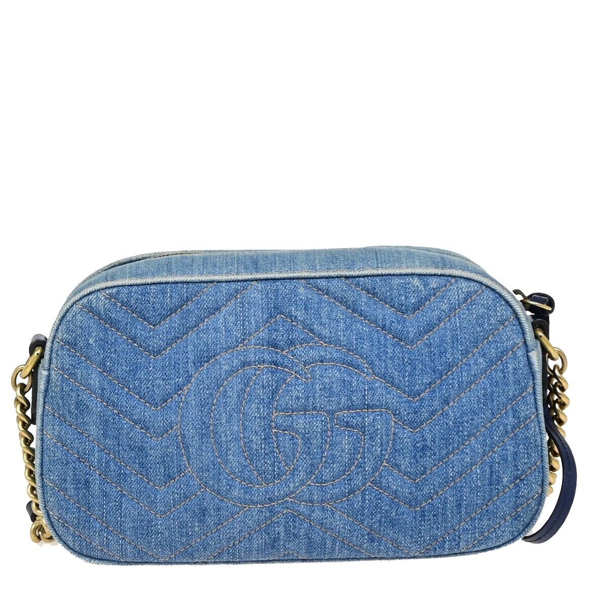 GUCCI GG Marmont Chain Shoulder Bag Imitation Pearl Leather Denim Blue 675RJ902