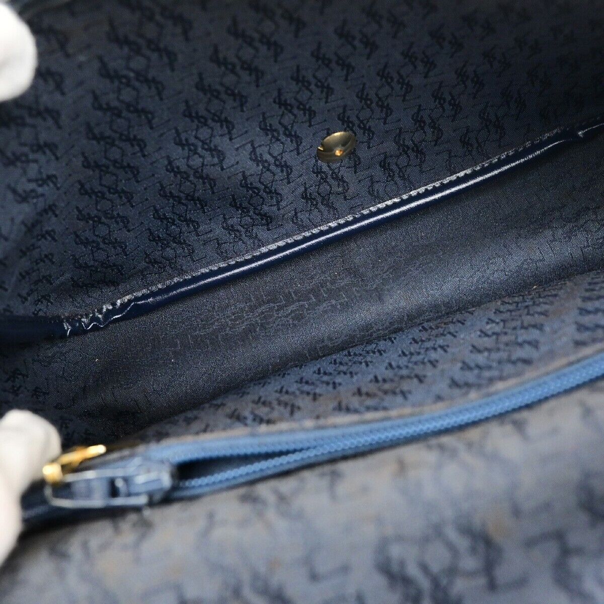 YVES SAINT LAURENT YSL Shoulder Bag Leather PVC Black Navy Blue Gold 66ED547