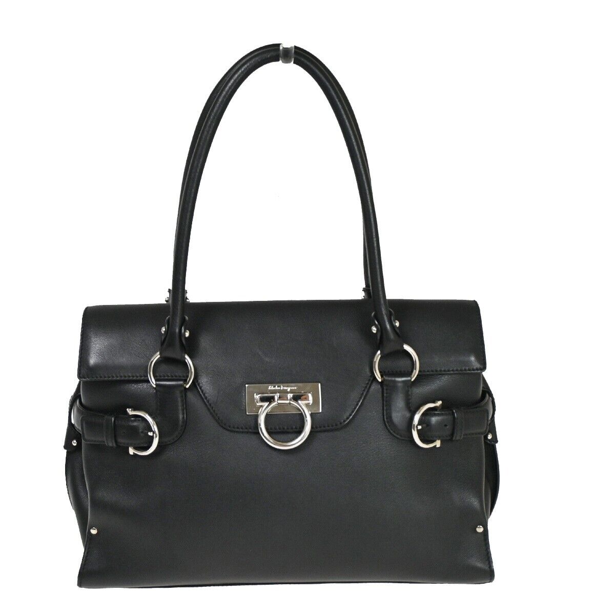 SALVATORE FERRAGAMO Logo Gancini Shoulder Bag Leather Black SHW Italy 31YD105