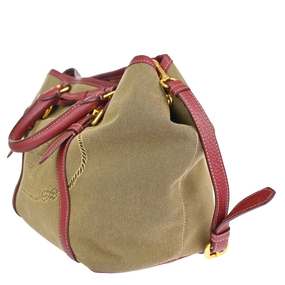 PRADA MILANO Logo 2Way Shoulder Hand Bag Canvas Leather Khaki Bordeaux 79EA813