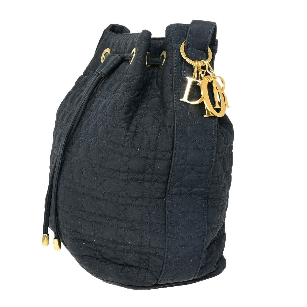 CHRISTIAN DIOR  Cannage Bucket Shoulder Bag Canvas Leather Navy Blue 86SH958