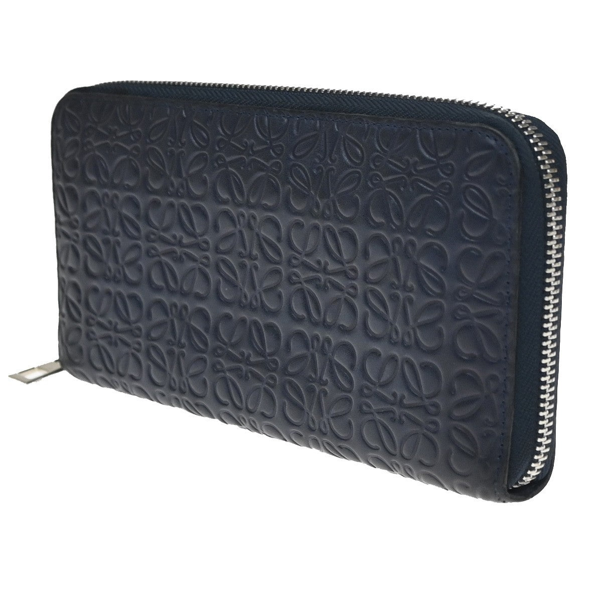 LOEWE Logo Anagram Repeat Long Zipper Wallet Embossed Leather Blue Navy 61KD063