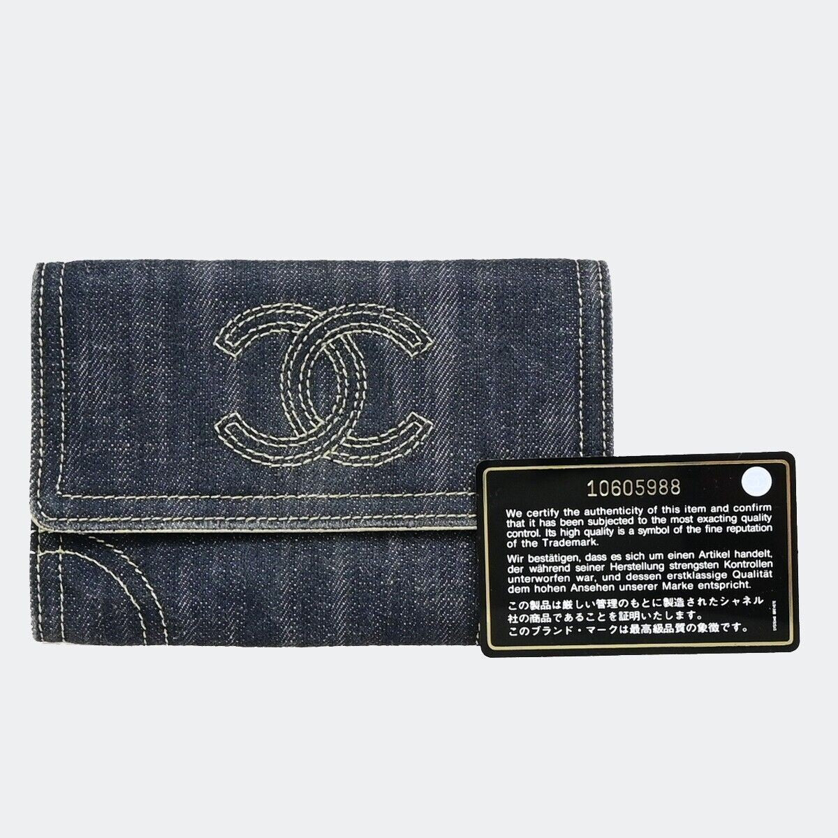 CHANEL CC Logo Stitch Flap Wallet Purse Denim Leather Blue Gold GHW 70RK156