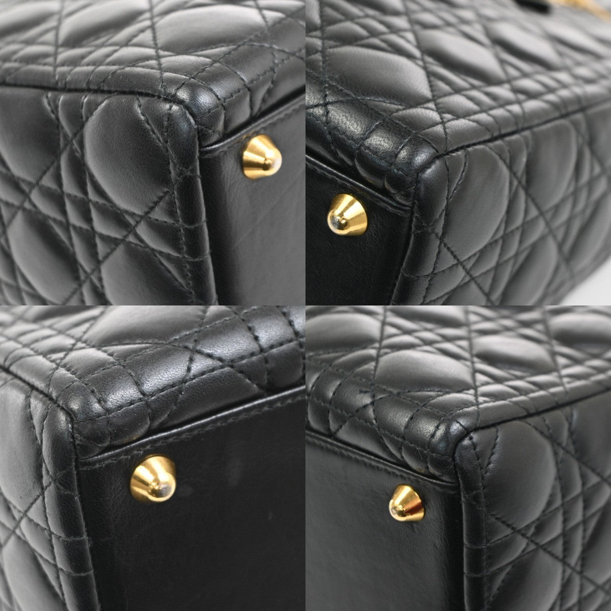 CHRISTIAN DIOR Lady Cannage Hand Tote Bag Leather Black Gold Italy 653RL740