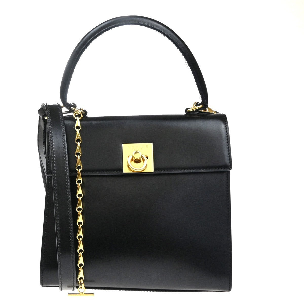 CELINE Logo Ring 2Way Shoulder Hand Bag Leather Black Italy GHW 34CA879
