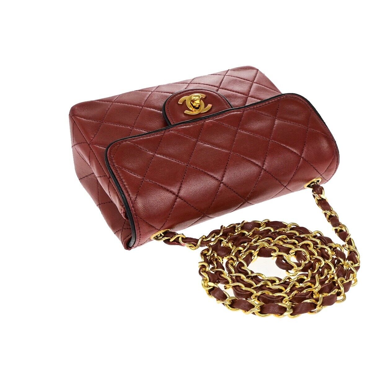 CHANEL CC Logo Mini Matelasse Chain Shoulder Bag Leather Red Vintage 335RF239