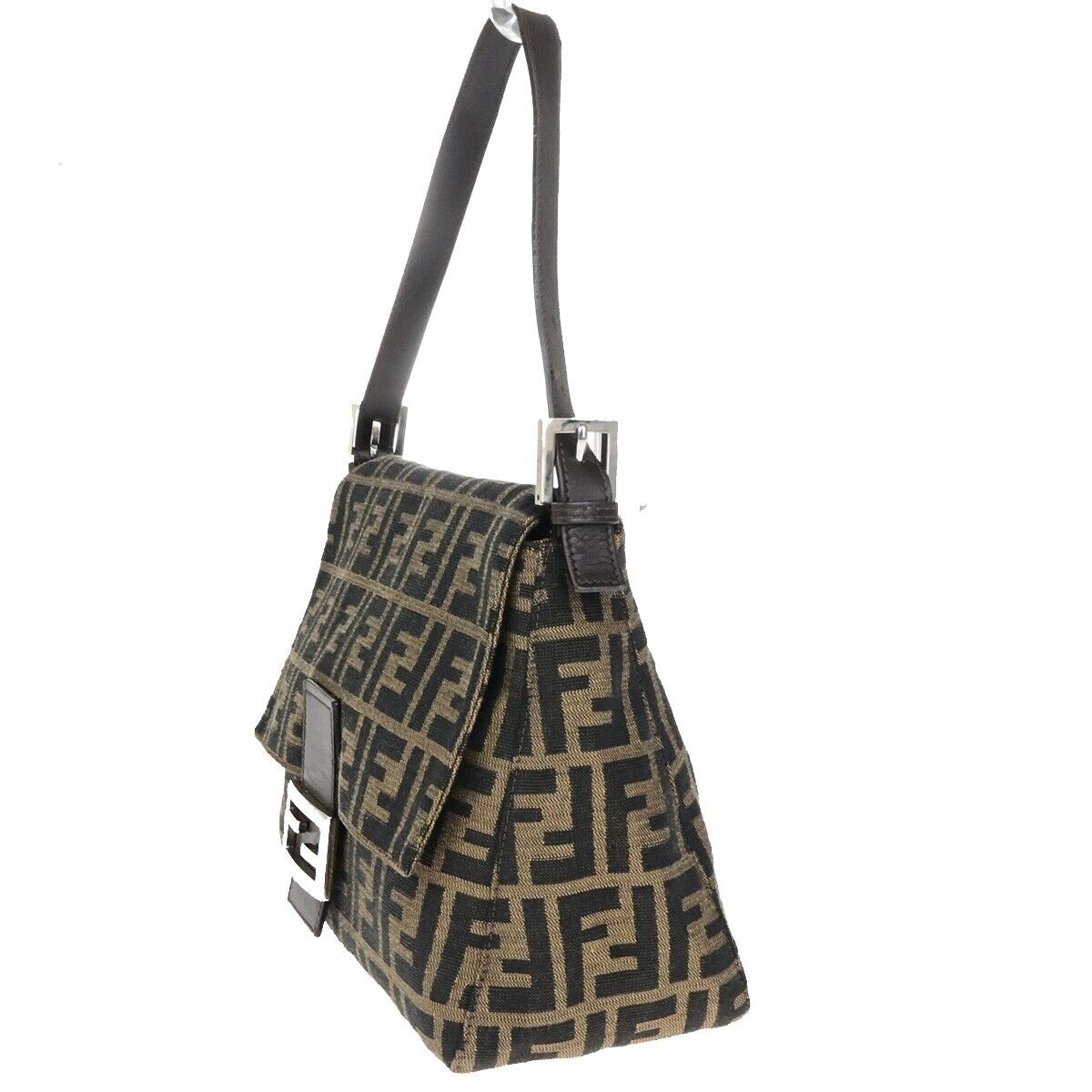 FENDI Logo Mamma Zucca Pattern Shoulder Bag Canvas Leather Brown Italy 25ED280